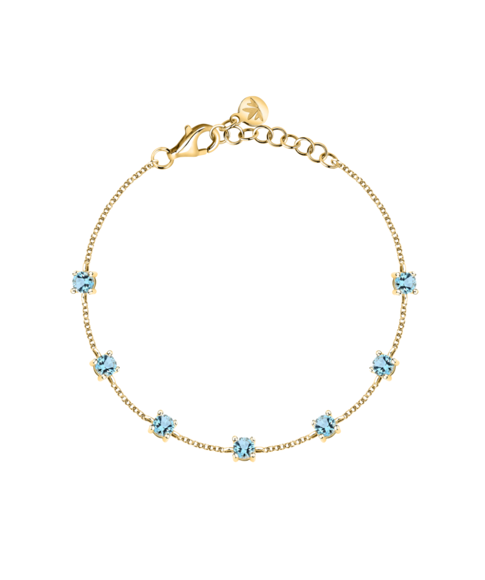 Tesori adjustable bracelet for women in recycled 925 silver with light blue zircons, yellow gold-tone finish, Morellato
