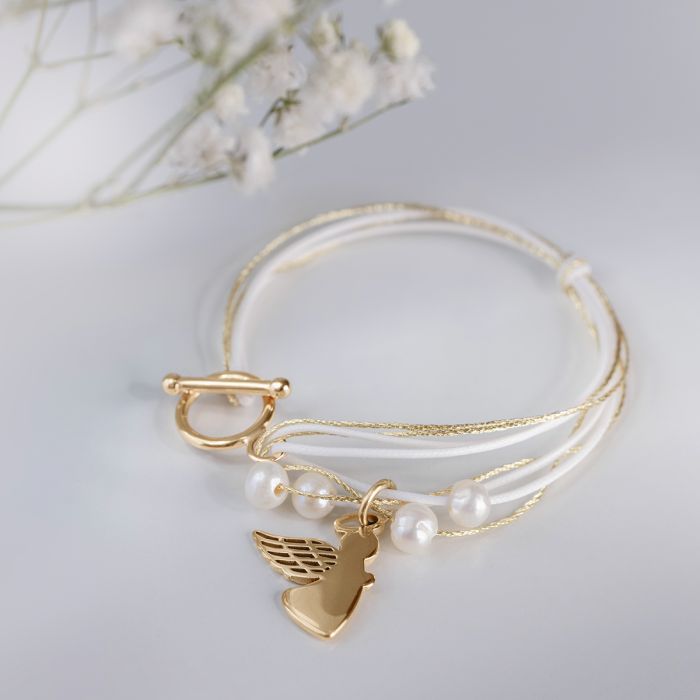 Women's bracelet adjustable with pearls and angel pendant, Lilou
