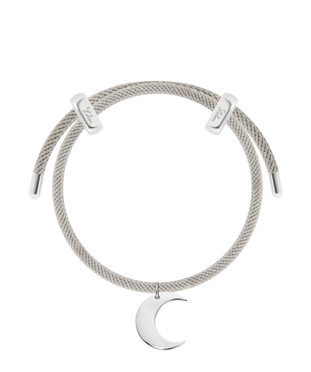 Women's bracelet sterling silver Liana grey cord with Lune pendant, adjustable, Lilou