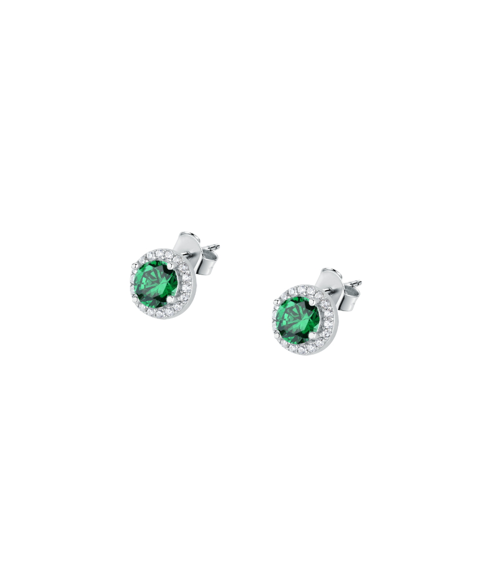 Women's silver stud earrings with white and green zircons, La Petite Story