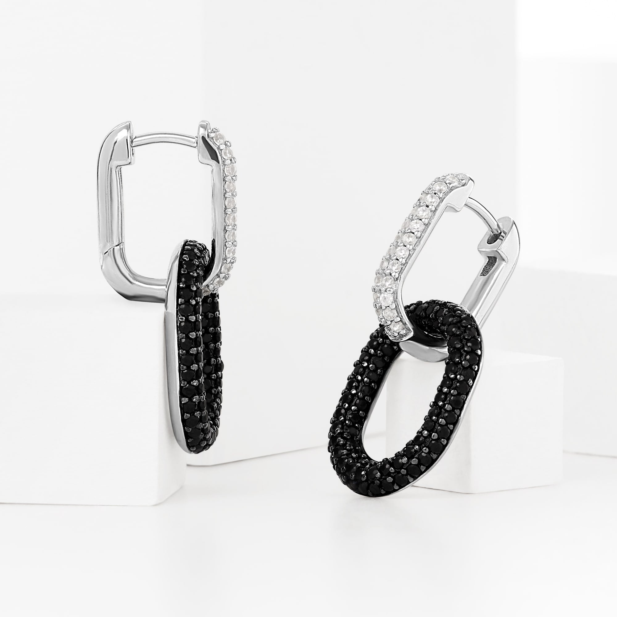 Women's earrings sterling silver LIQUID with black zirconia stones, JETTE