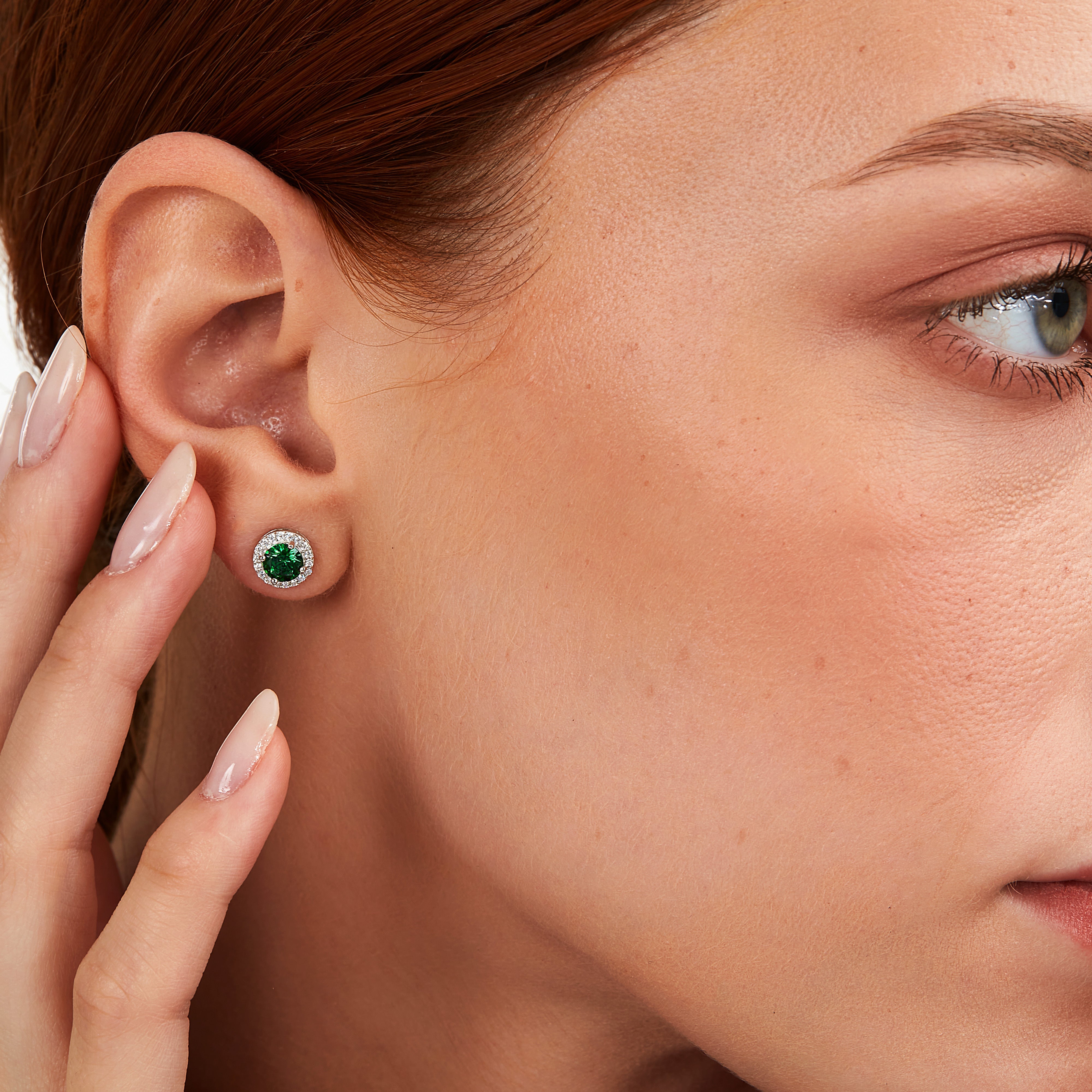 Women's silver stud earrings with white and green zircons, La Petite Story