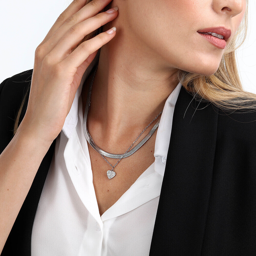 Women's Double Chain Necklace with Heart Pendant, LA PETITE STORY