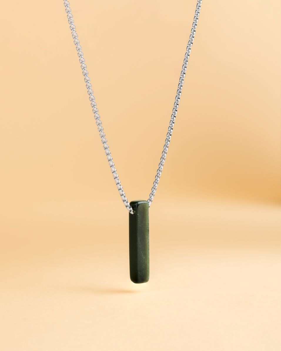 Men's stainless steel necklace with a Green Obsidian stone, Gemini