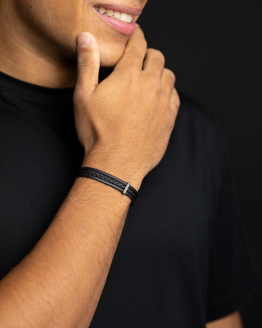 Triple black Italian nappa leather bracelet with black finish, Gemini