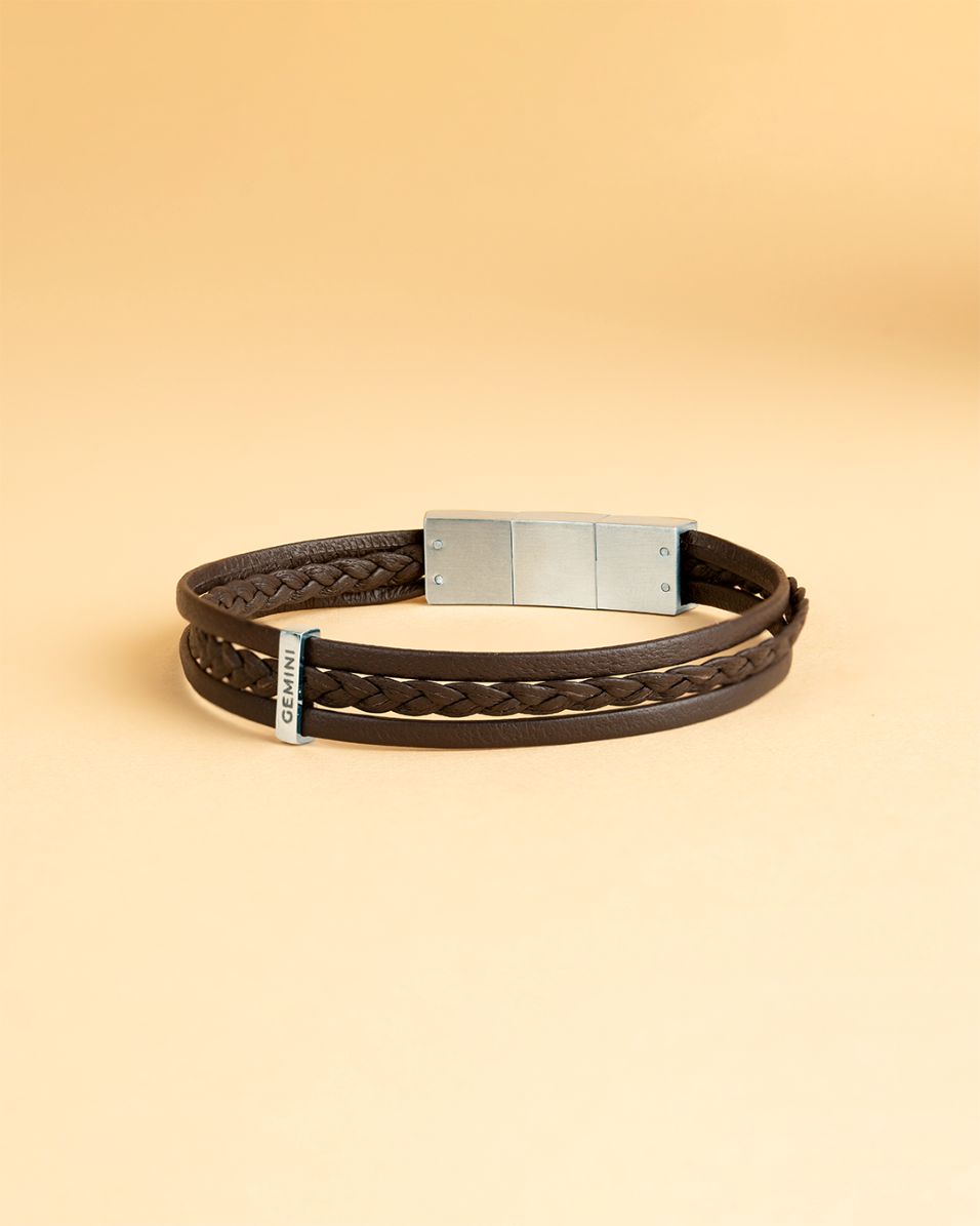 Triple brown Italian nappa leather bracelet with silverplated finish, Gemini