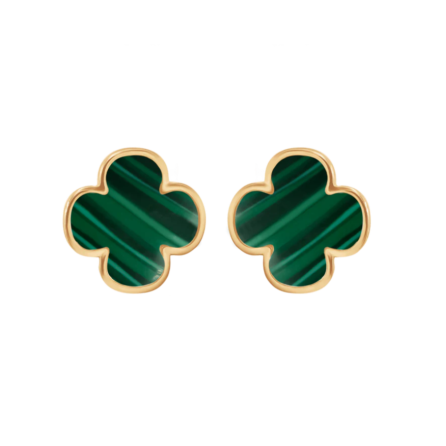 Women's earrings yellow gold with round clover post 0.8 cm, green Malachite, Lilou