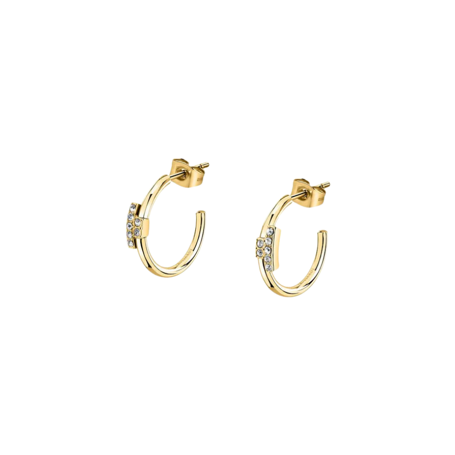 Women's earrings T-Logo stainless steel gold-plated with white crystals, TRUSSARDI