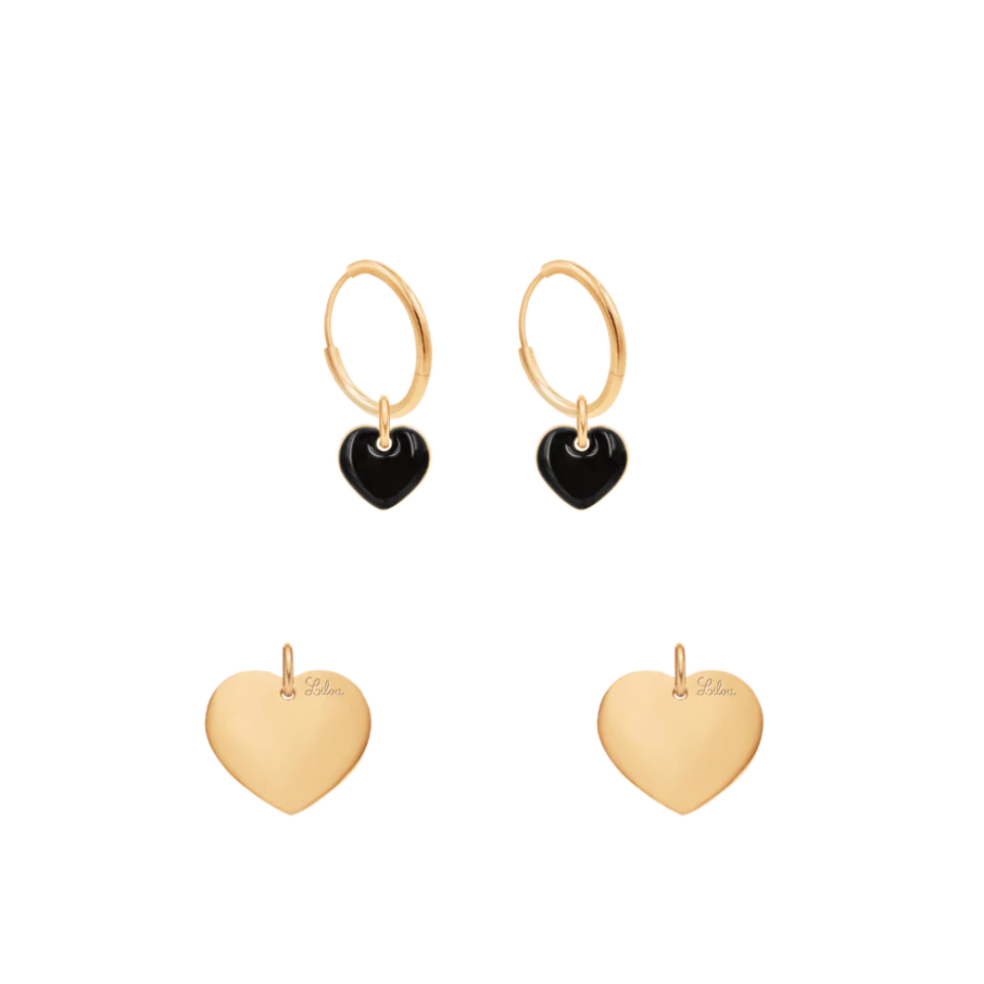 Women's hoop earrings with 1 cm black enamel hearts gold-plated, engravable, Lilou