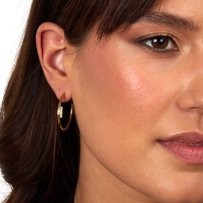 Women's earrings creole T-Logo stainless steel gold-plated with white crystals, TRUSSARDI