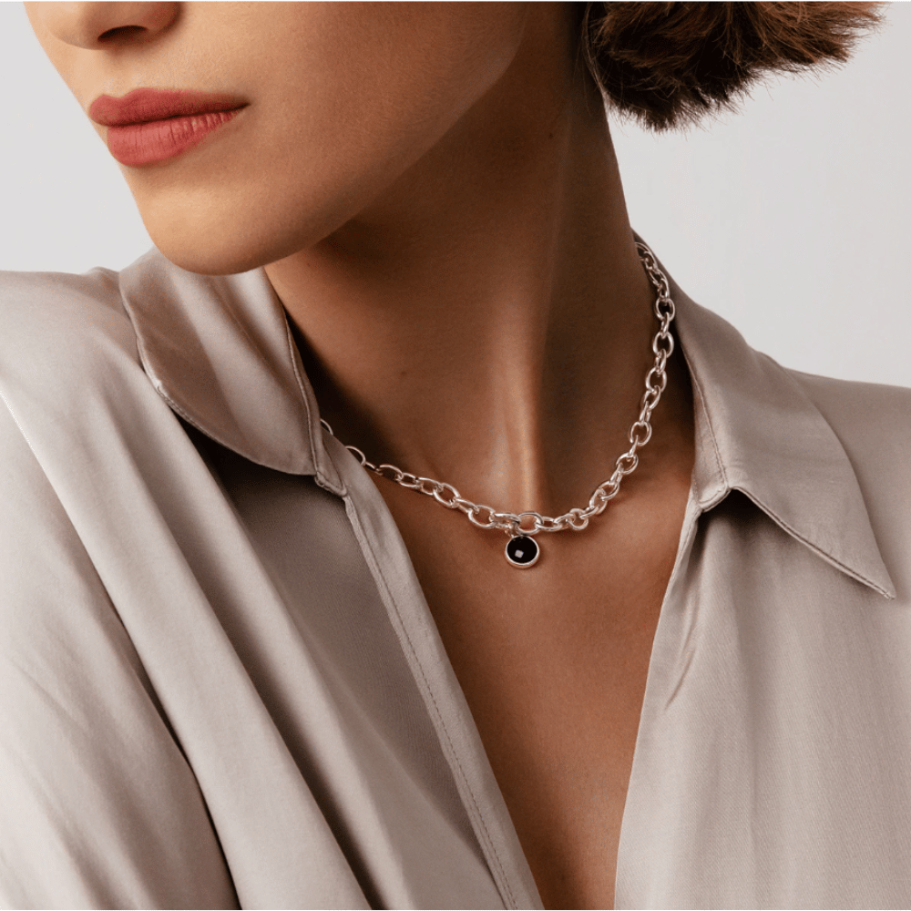 Colier de 40 cm cu pandantiv din cuart negru set placat cu argint - Coliere - A03/MARKET/ANS/212 - Lilou - Tessora