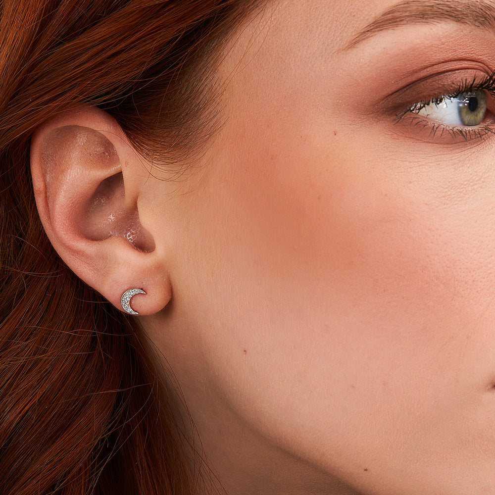 Women's Silver Stud Earrings in the Shape of a Crescent Moon, LA PETITE STORY