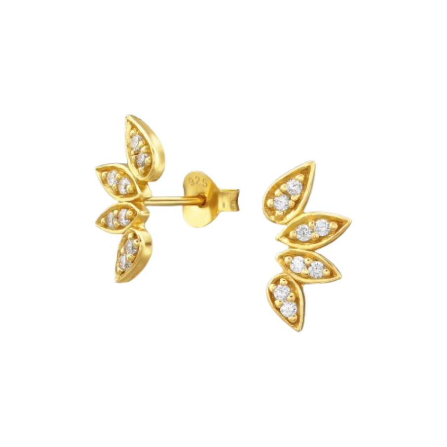 Women's silver stud earrings, gold plated with leaves and stones, TESSORA